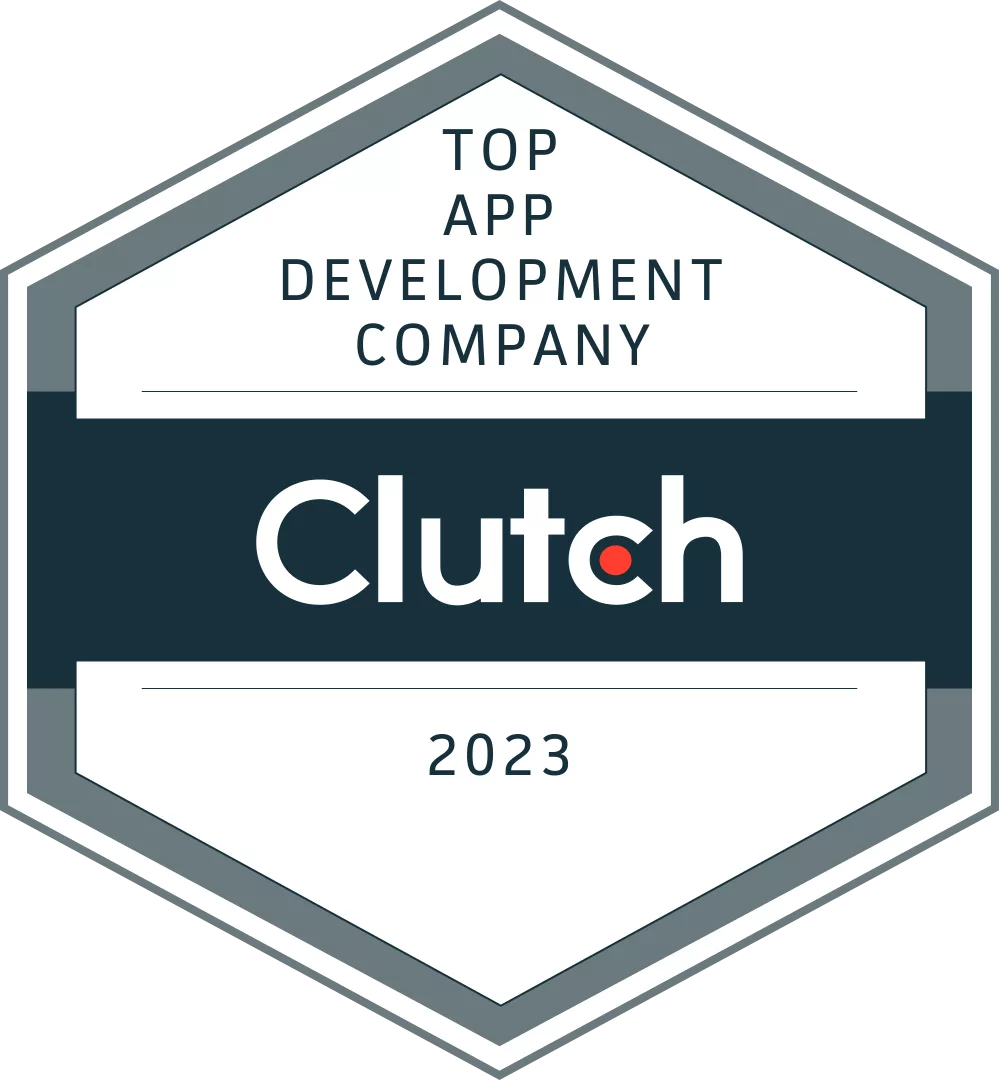 A hexagonal shape that represents a badge from Clutch.co stating that Jackrabbit Mobile is considered a Top App Development Company for the year 2023.