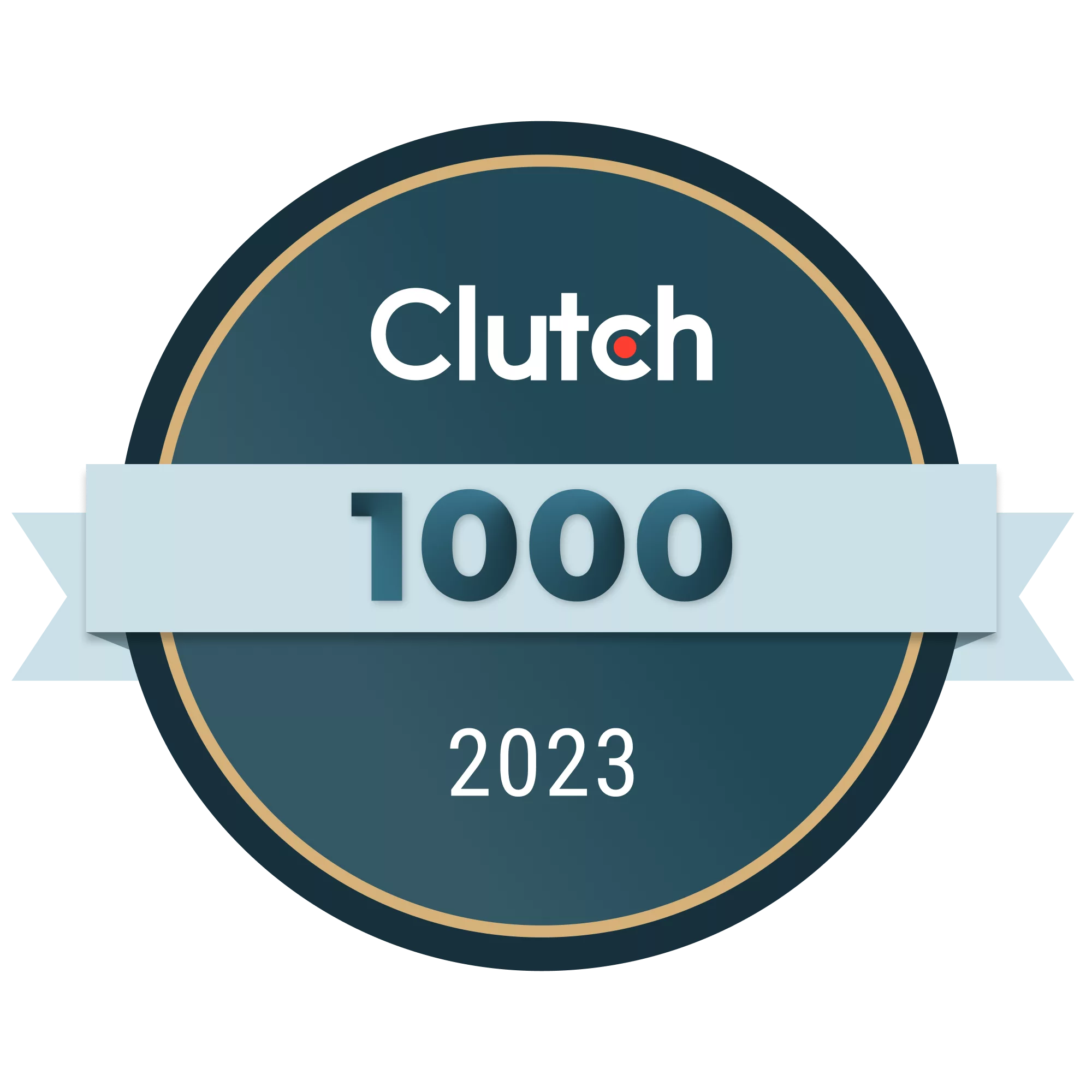 A blue circle for with the Clutch.co logo at the top and the number 1000 as a badge honoring recipients who were listed in the top 1000 companies on Clutch for 2023