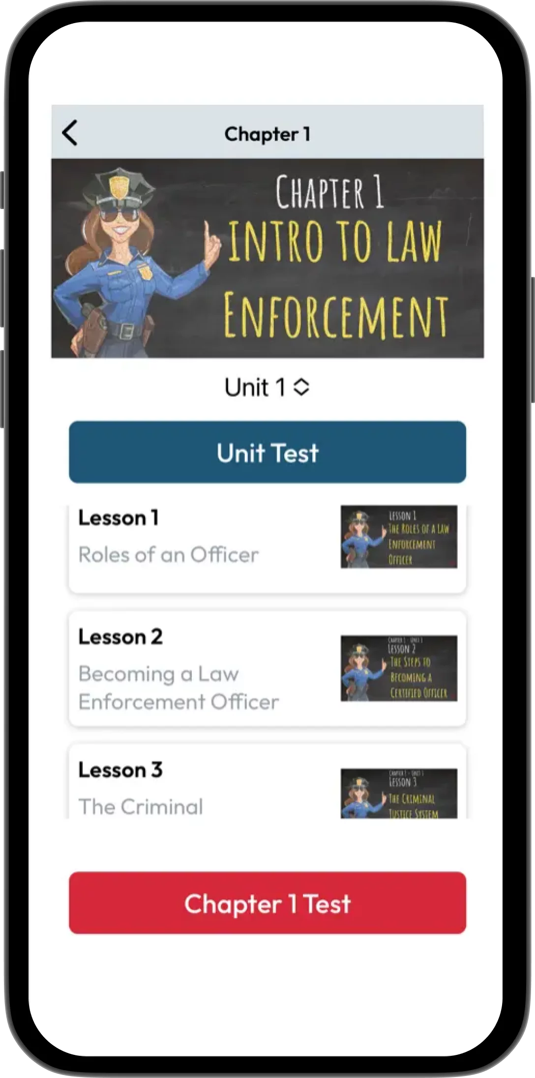 A screenshot from the Ridgefox Academy mobile app with the Ridgefox logo at the top, an account icon on the top right corner, a banner with a police car, and three large buttons with the following respective text: Chapter 1, Introduction to Law Enforcement; Chapter 2, Communication; Chapter 3, Legal.